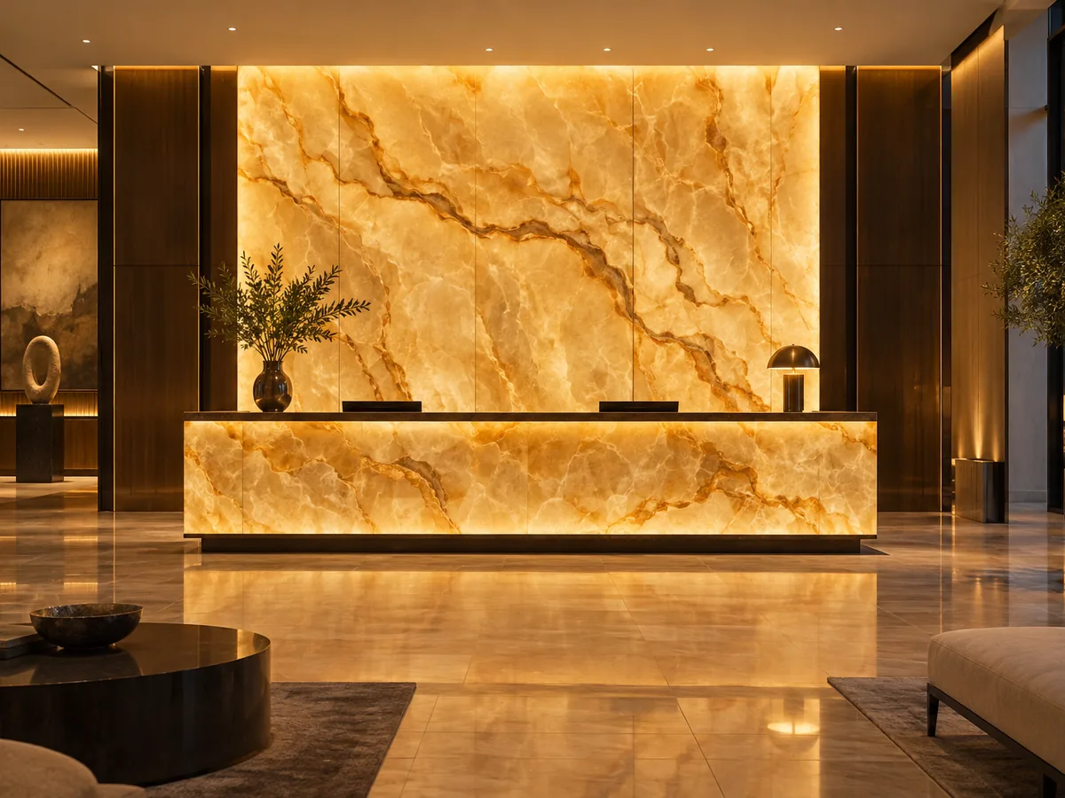 A hotel reception desk and the wall behind it in backlit onyx, glowing evenly from edge to edge
