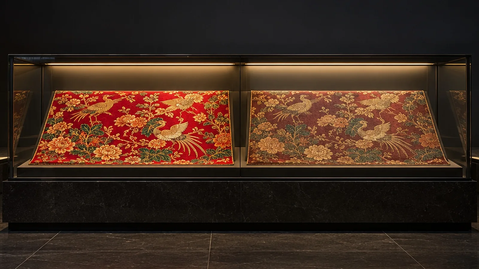 Two silk textiles in one museum showcase, the left lit in rich reds, the right looking dull under a different white