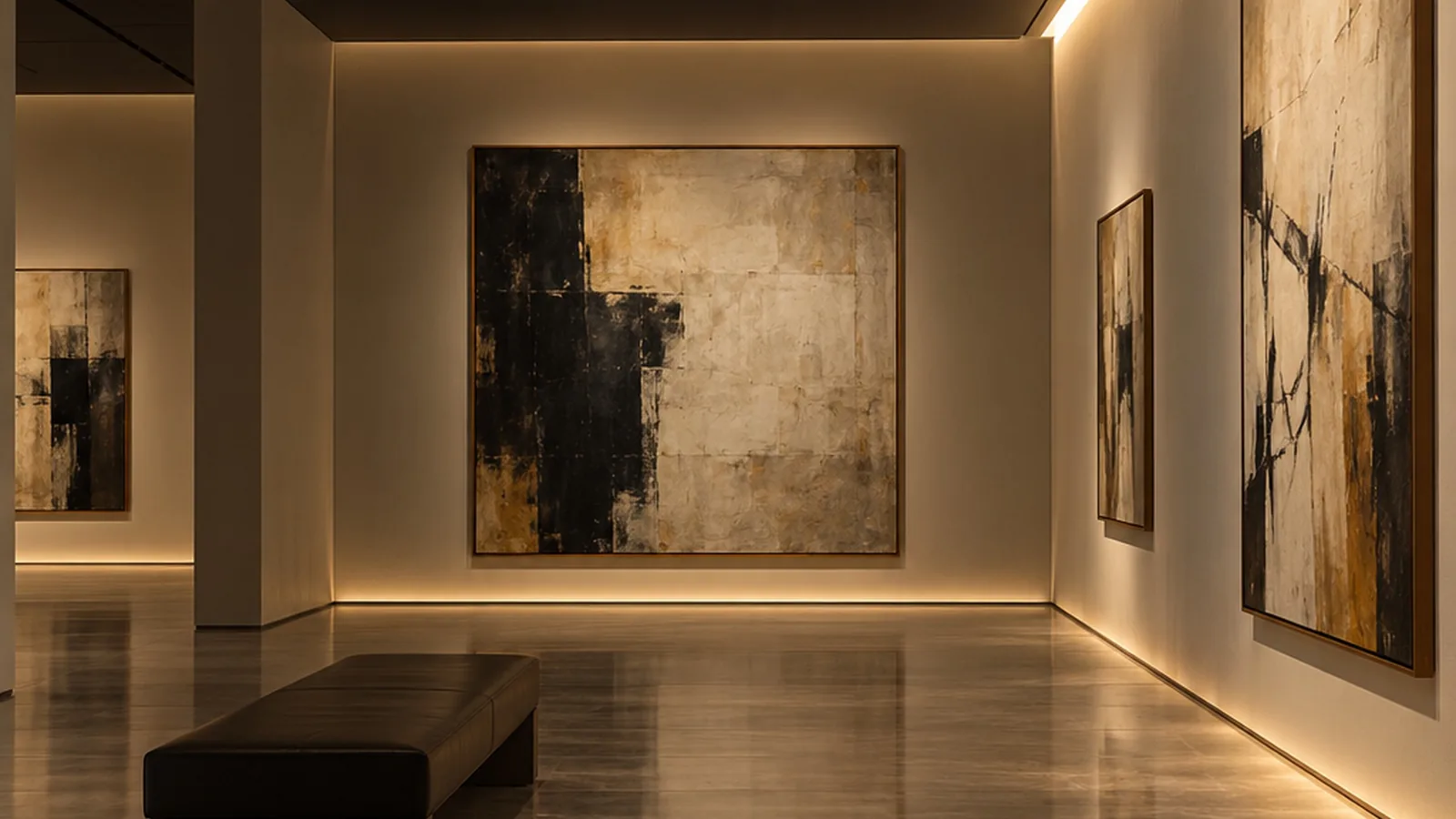 A quiet art gallery at night with paintings lit by a ceiling slot of linear light