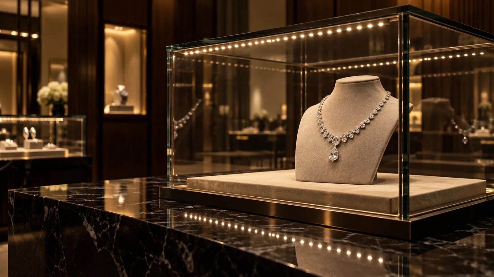 A jewellery showcase whose hidden LED strip appears as a row of bright dots reflected in the glass and polished stone