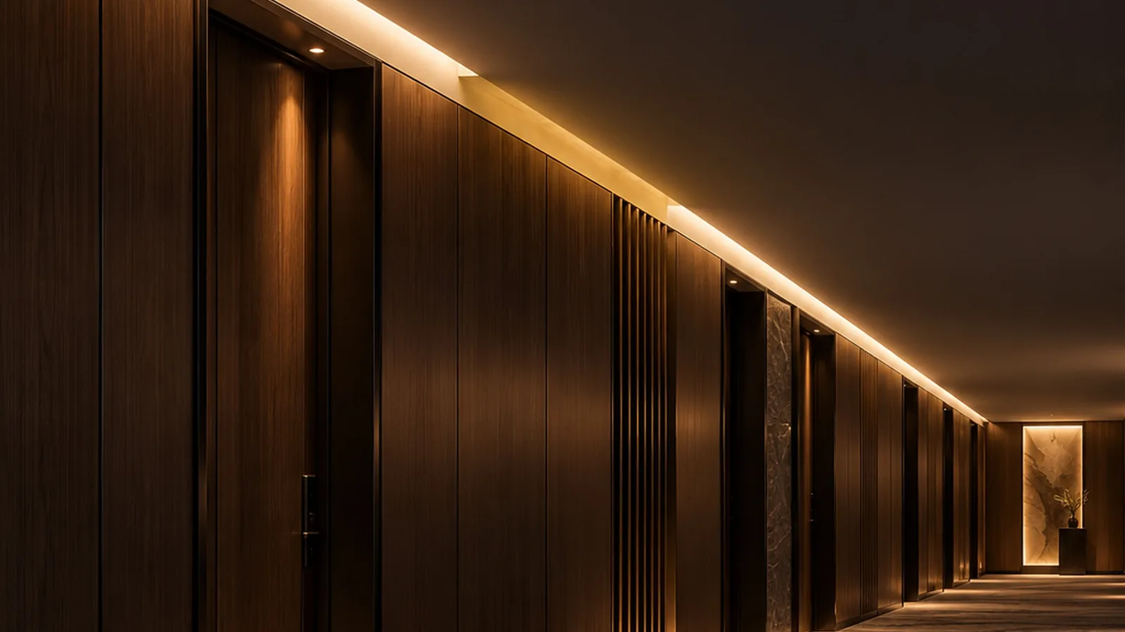 A dark hotel corridor with a long warm-white cove along the ceiling