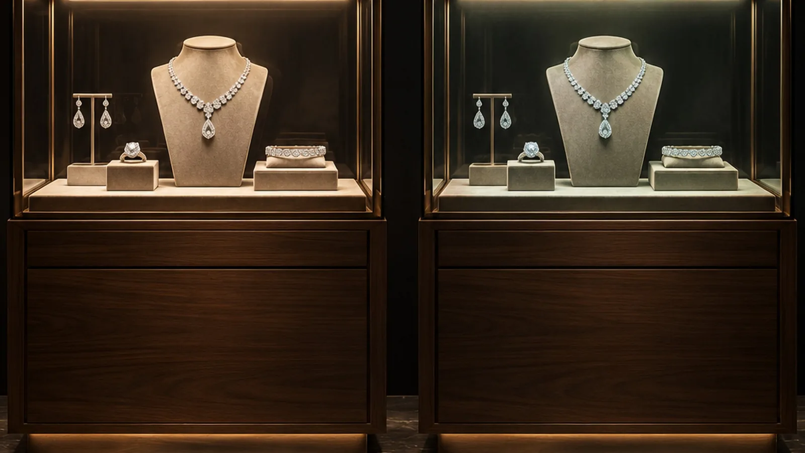 Two identical jewellery showcases, one lit warm and true, the other with a slightly different white