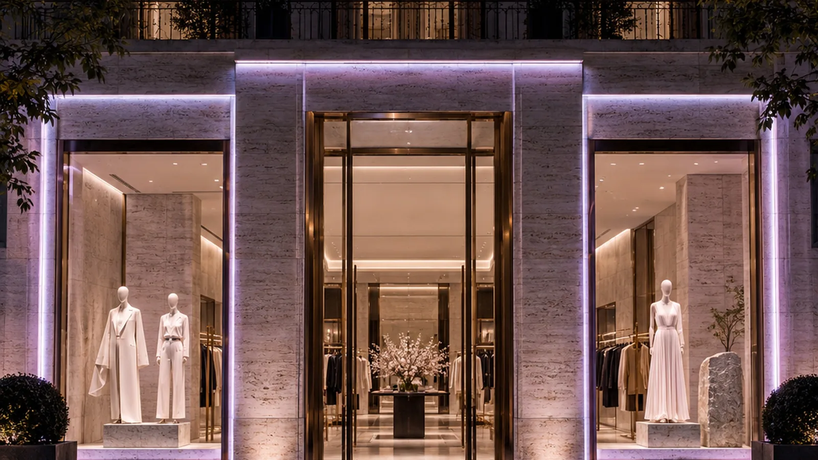 A boutique façade at night whose white outline lighting glows pinkish lavender beside warm shop windows