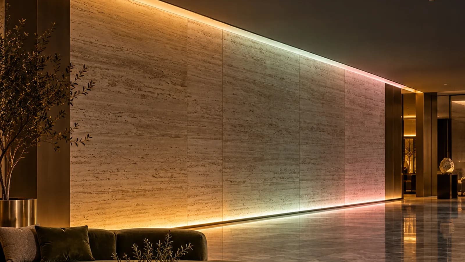 A hotel lobby wall washed by a long tunable-white cove, with the colour shifting along its length