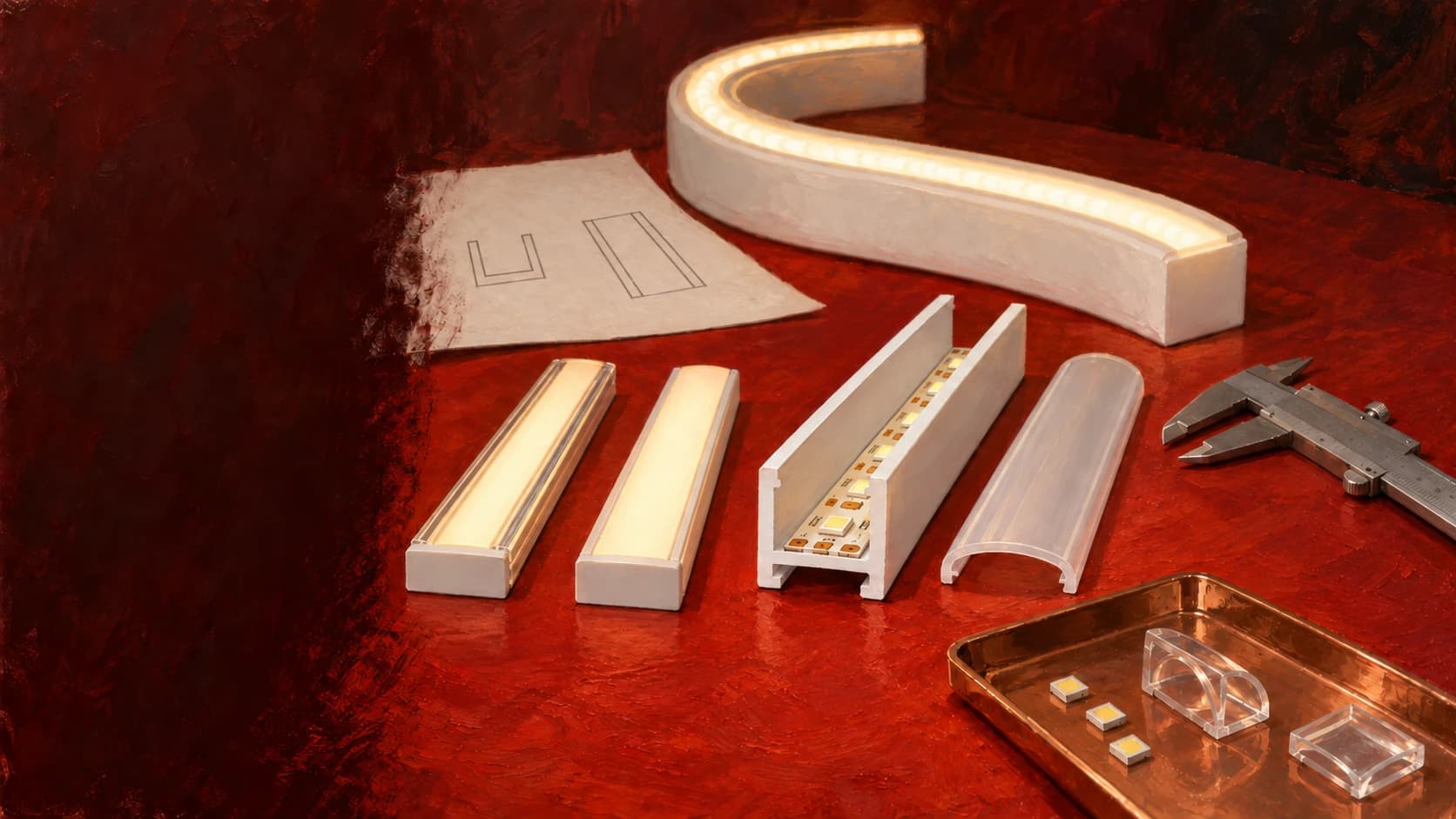 Oil-painting illustration of custom profiles, upward-facing LEDs and optical diffusers