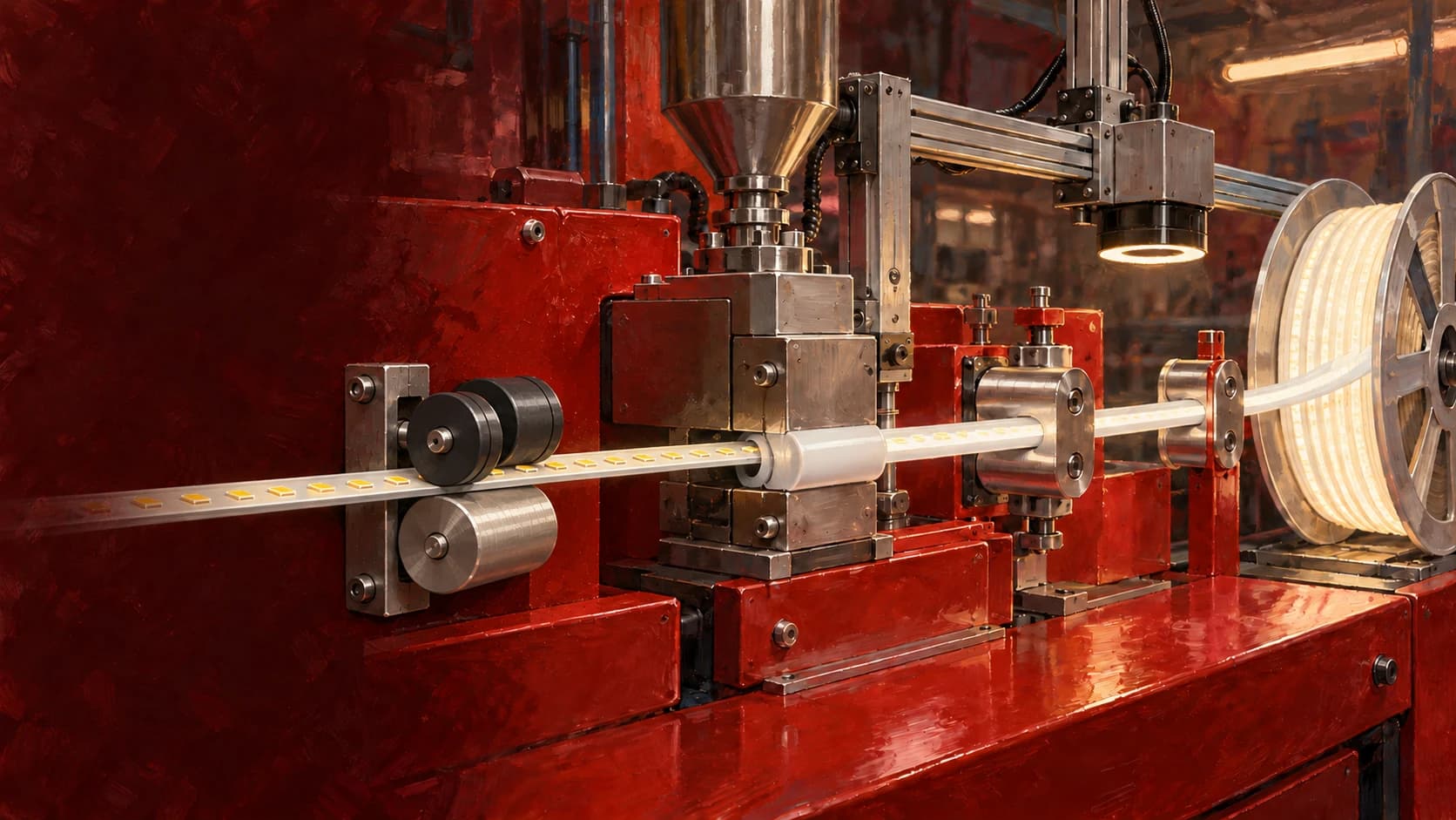 Oil-painting illustration of precision rollers and an LED strip extrusion process