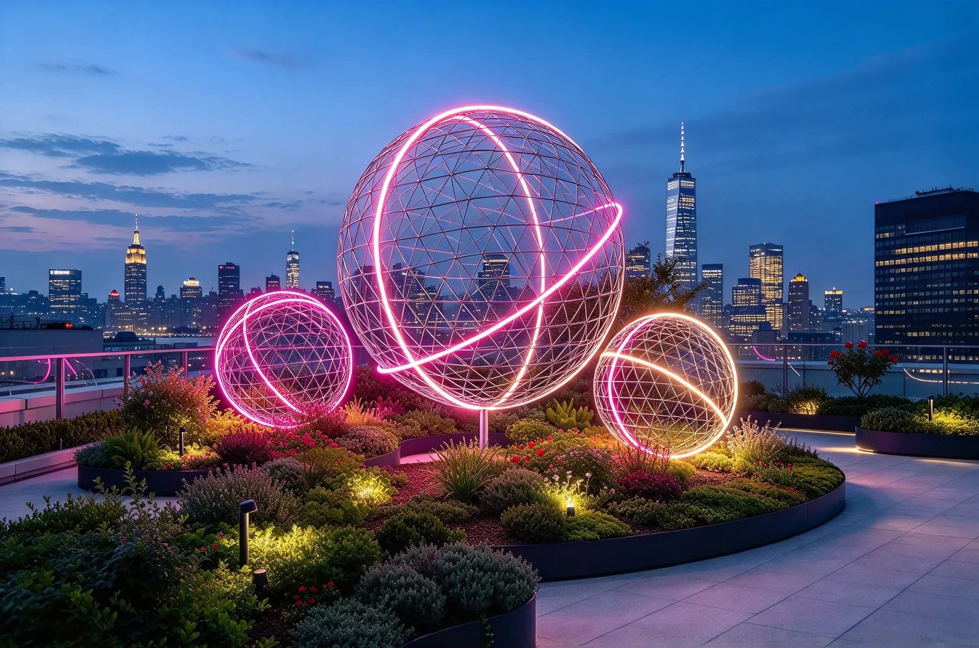 AI-generated illustration of rooftop garden sculpture