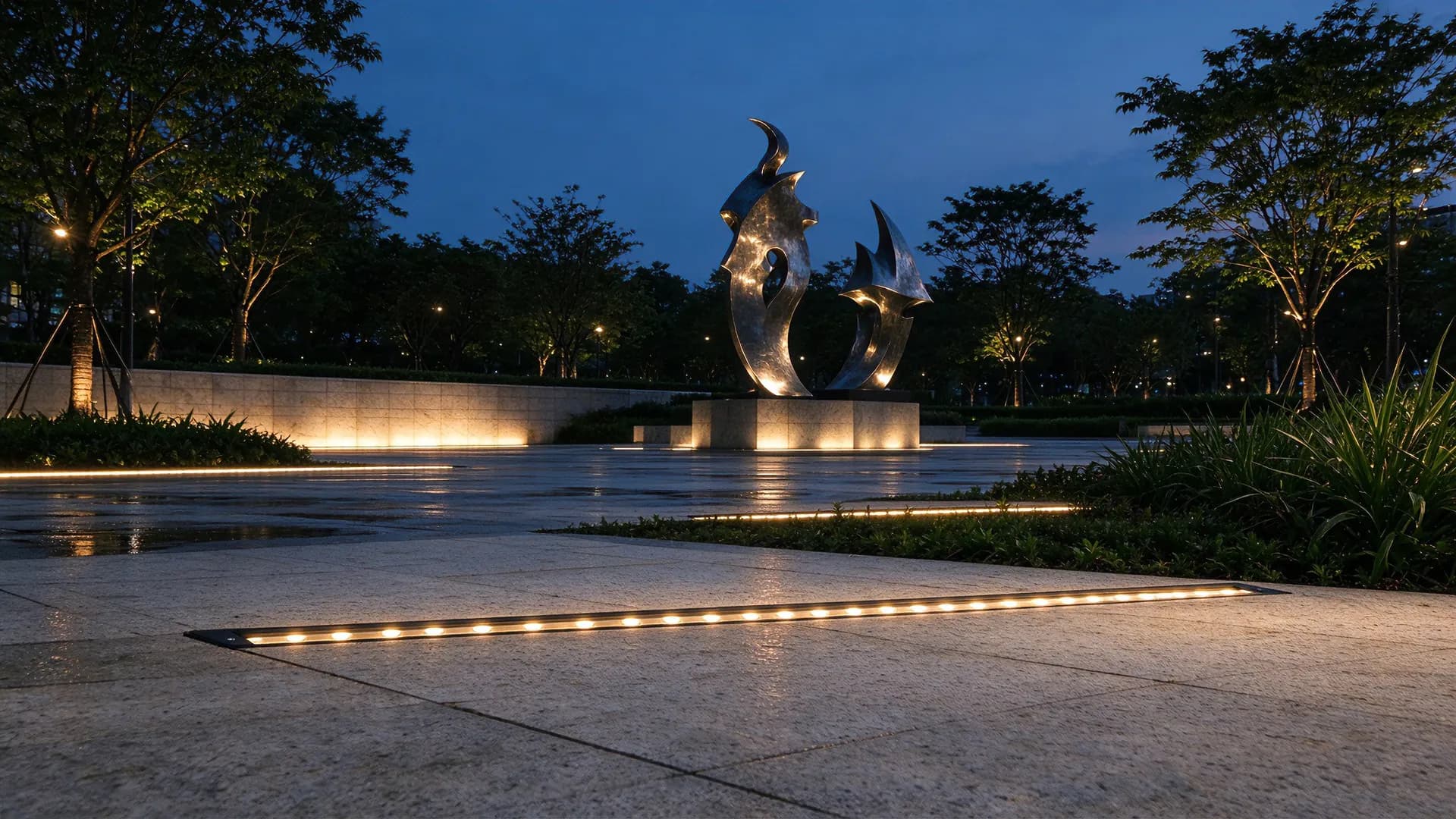 AI-generated illustration of sculpture plaza