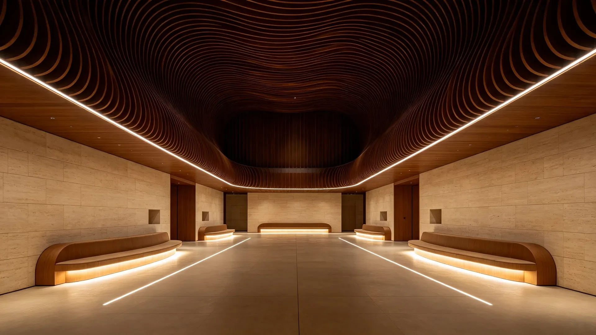 長い建築ラインを照らすLEDテープライトのイメージ(AI生成)